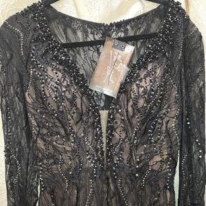 Mac Duggal Black Beaded Lace Maxi Dress